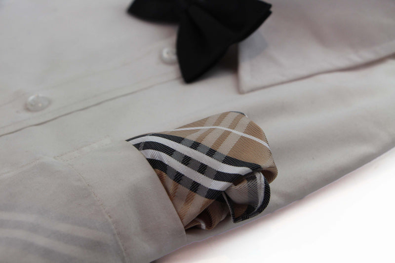 Mens Latte, White & Black Striped Silk Pocket Square