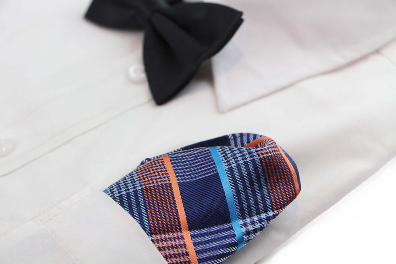 Mens Orange & Blue Checkered Silk Pocket Square