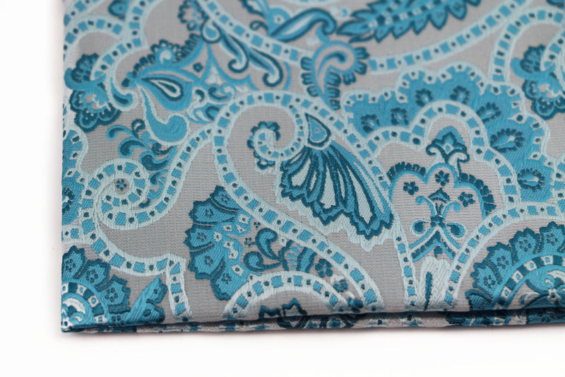 Mens Turquoise & Silver Boho Paisley Silk Pocket Square