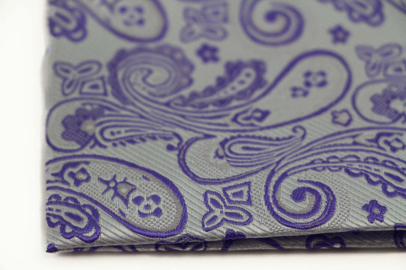 Mens Silver & Purple Boho Paisley Silk Pocket Square