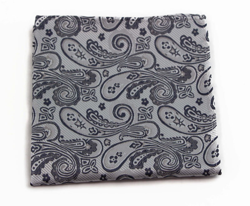 Mens Silver & Dark Grey Boho Paisley Silk Pocket Square