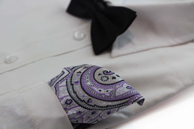 Mens Silver & Violet Paisley Silk Pocket Square