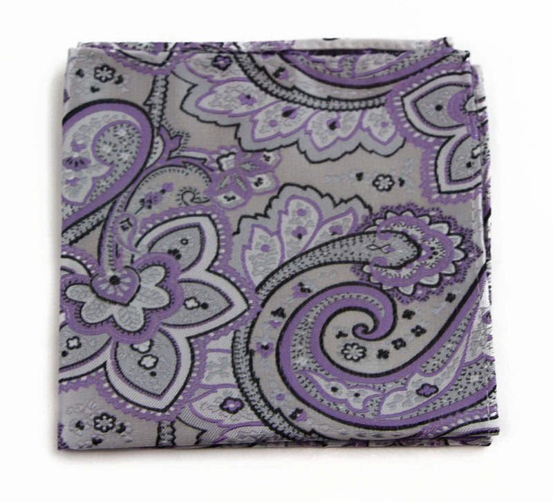 Mens Silver & Violet Paisley Silk Pocket Square