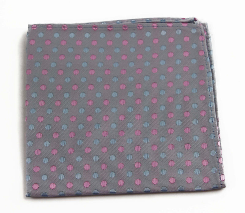 Mens Grey, Light Pink And Blue Small Polka Dot Silk Pocket Square