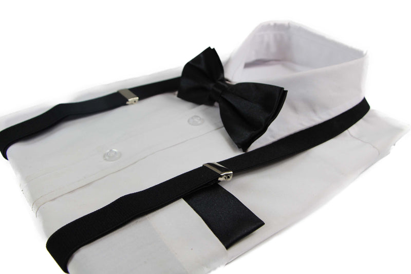 Mens Black 100cm Suspenders & Matching Bow Tie & Pocket Square Set