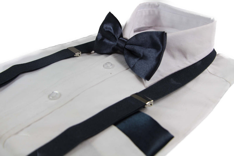 Mens Gunmetal 100cm Suspenders & Matching Bow Tie & Pocket Square Set