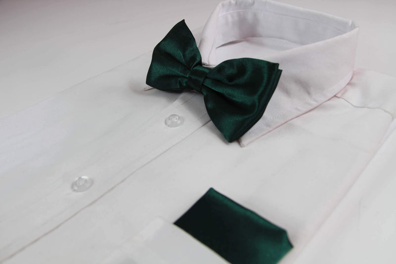 Mens Bottle Green Plain Bow Tie & Matching Pocket Square Set