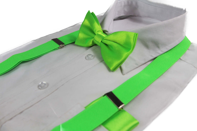 Mens Fluro Green 100cm Suspenders & Matching Bow Tie & Pocket Square Set