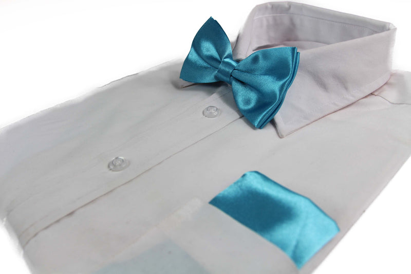 Mens Sky Blue Plain Bow Tie & Matching Pocket Square Set