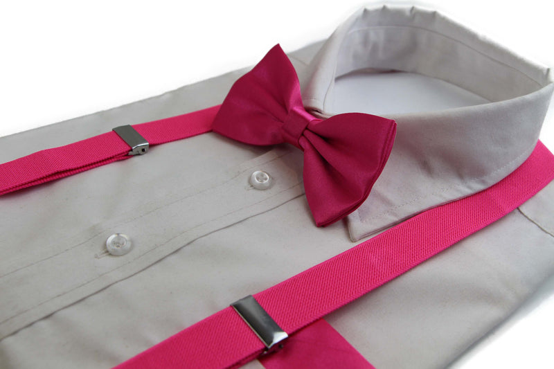Mens Hot Pink 100cm Suspenders & Matching Bow Tie & Pocket Square Set