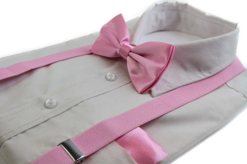 Mens Baby Pink 100cm Suspenders & Matching Bow Tie & Pocket Square Set