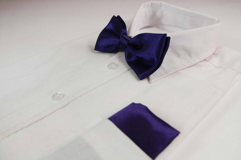 Mens Dark Purple Plain Bow Tie & Matching Pocket Square Set