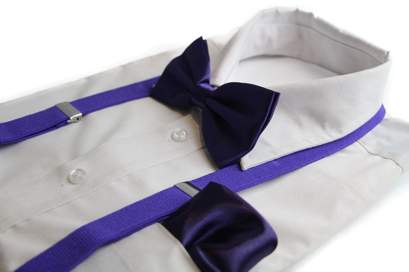 Mens Dark Purple 100cm Suspenders & Matching Bow Tie & Pocket Square Set