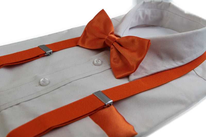 Mens Orange 100cm Suspenders & Matching Bow Tie & Pocket Square Set