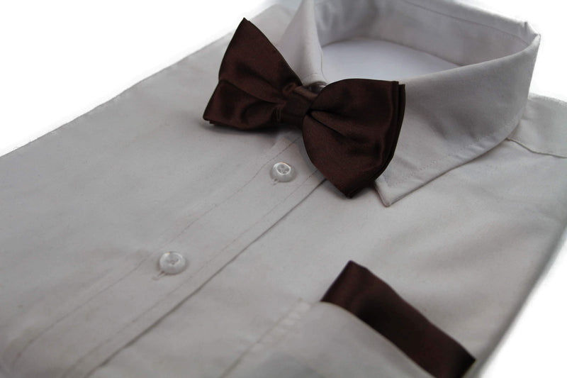 Mens Brown Plain Bow Tie & Matching Pocket Square Set