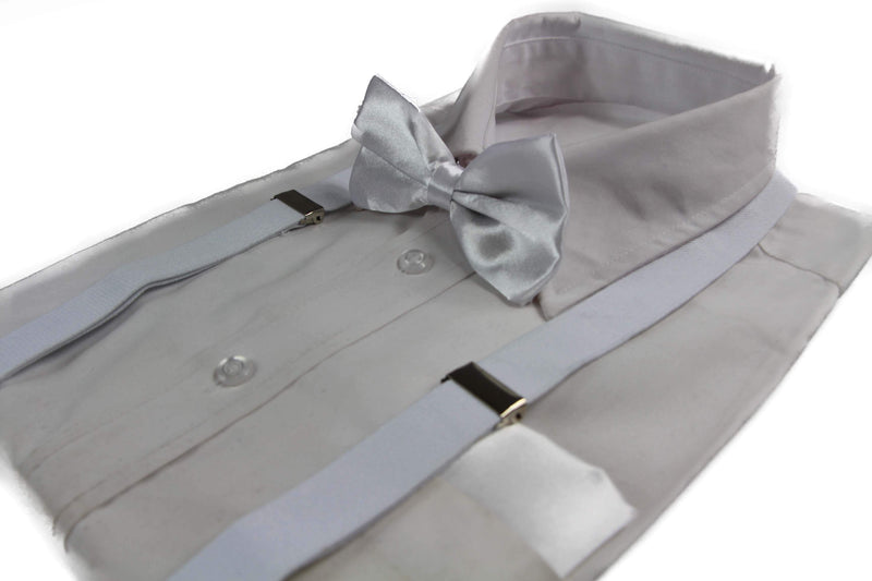 Mens White 100cm Suspenders & Matching Bow Tie & Pocket Square Set