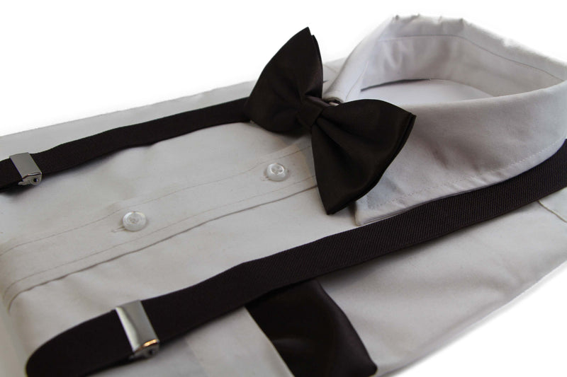 Mens Dark Brown 100cm Suspenders & Matching Bow Tie & Pocket Square Set