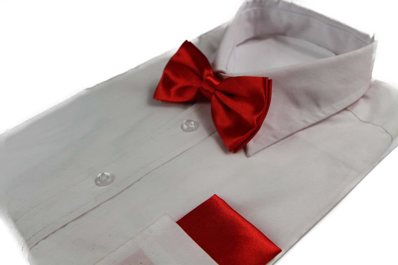 Mens Red Plain Bow Tie & Matching Pocket Square Set