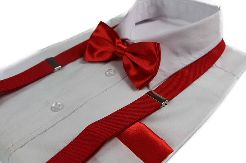 Mens Red 100cm Suspenders & Matching Bow Tie & Pocket Square Set