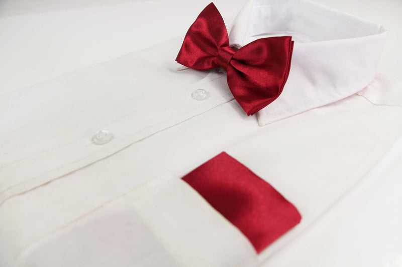 Mens Dark Red Plain Bow Tie & Matching Pocket Square Set