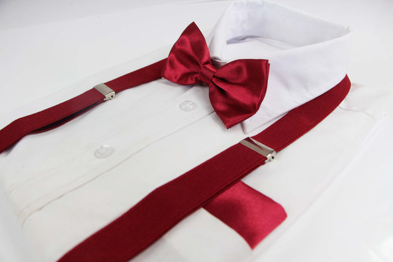 Mens Dark Red 100cm Suspenders & Matching Bow Tie & Pocket Square Set