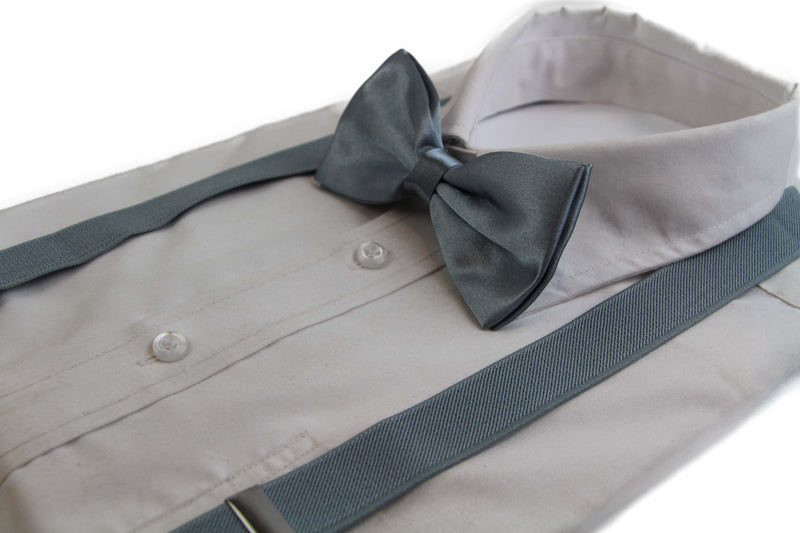 Mens Grey 100cm Suspenders & Matching Bow Tie Set