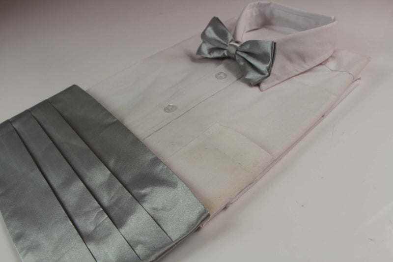 Mens Silver Cummerbund & Matching Plain Bow Tie Set