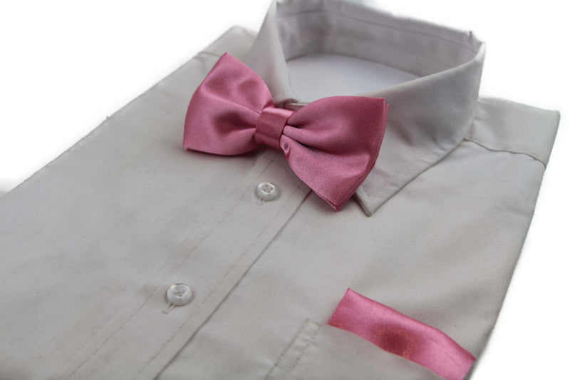 Mens Pink Plain Bow Tie & Matching Pocket Square Set