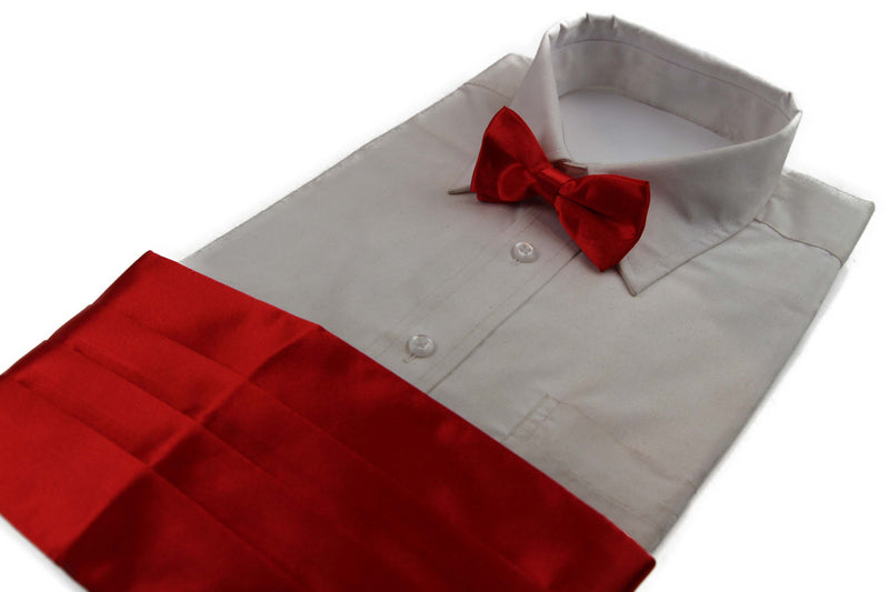 Mens Red Orange Cummerbund & Matching Plain Bow Tie Set