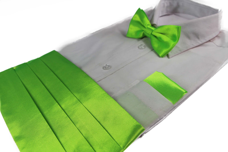 Mens Fluro Green Cummerbund & Matching Plain Bow Tie And Pocket Square Set