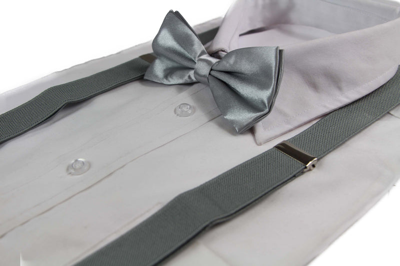 Mens Silver 100cm Suspenders & Matching Bow Tie Set