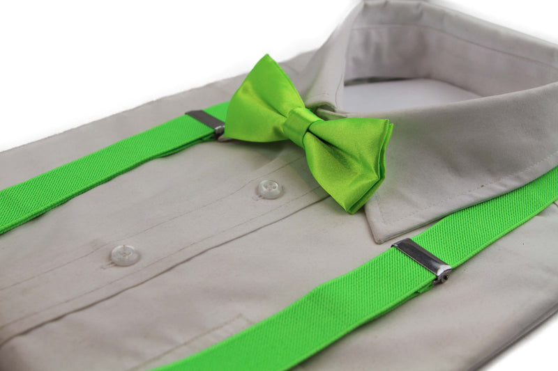 Boys Adjustable Fluro Green 65cm Suspenders & Matching Bow Tie Set