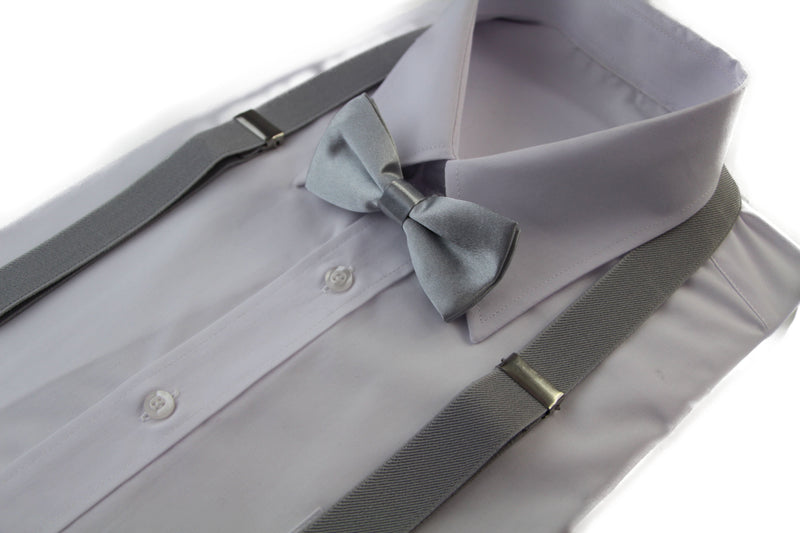 Boys Adjustable Silver 65cm Suspenders & Matching Bow Tie Set
