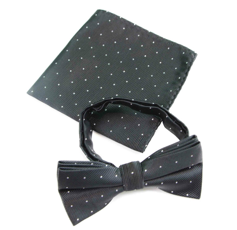 Mens Black With Silver Stars Matching Bow Tie & Pocket Square Set