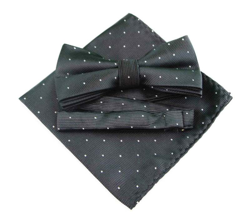 Mens Black With Silver Stars Matching Bow Tie & Pocket Square Set