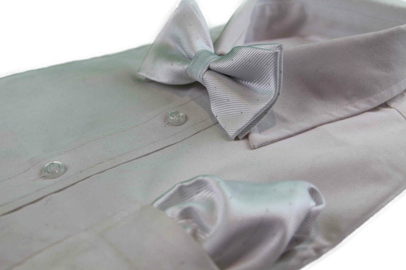 Mens White With Silver Stars Matching Bow Tie & Pocket Square Set