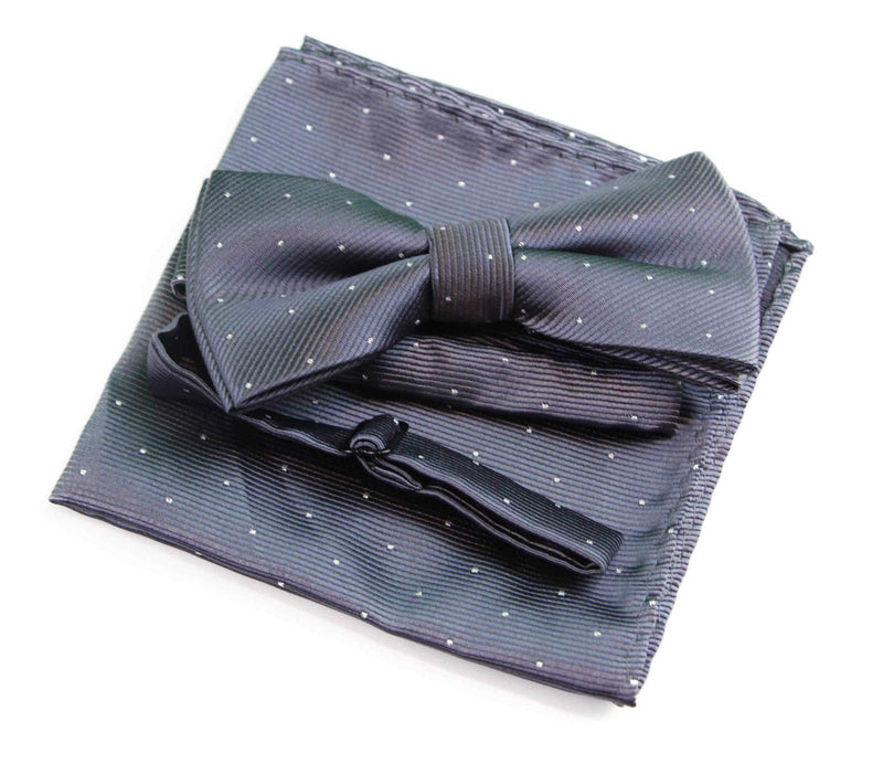 Mens Dark Grey With Silver Stars Matching Bow Tie & Pocket Square Set