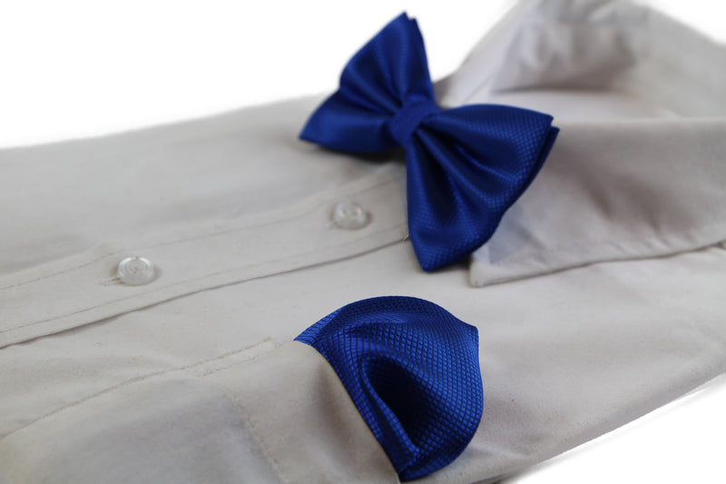 Mens Blue Plain Coloured Checkered Bow Tie & Matching Pocket Square Set