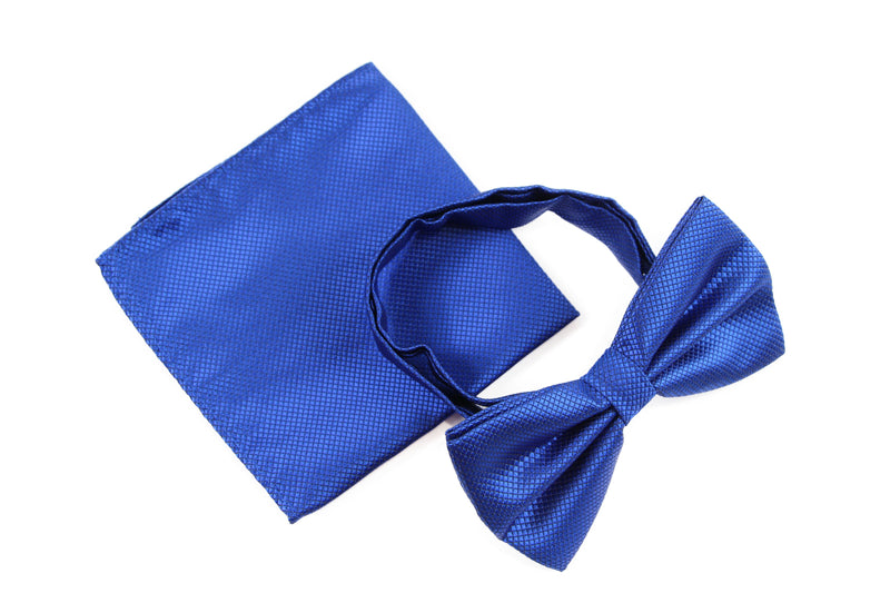 Mens Blue Plain Coloured Checkered Bow Tie & Matching Pocket Square Set