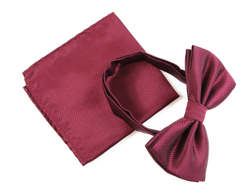 Mens Plum Plain Coloured Checkered Bow Tie & Matching Pocket Square Set