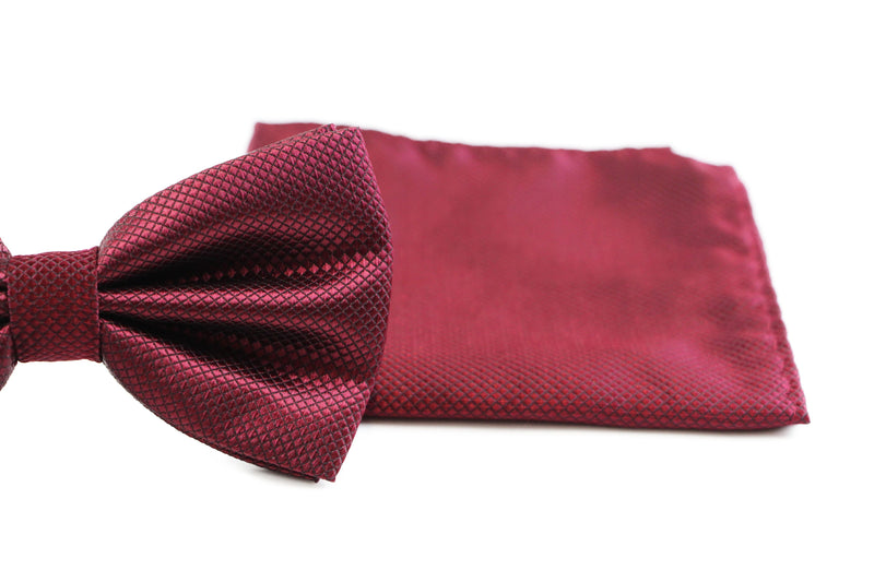 Mens Plum Plain Coloured Checkered Bow Tie & Matching Pocket Square Set