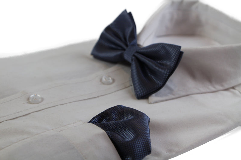 Mens Gunmetal Plain Coloured Checkered Bow Tie & Matching Pocket Square Set