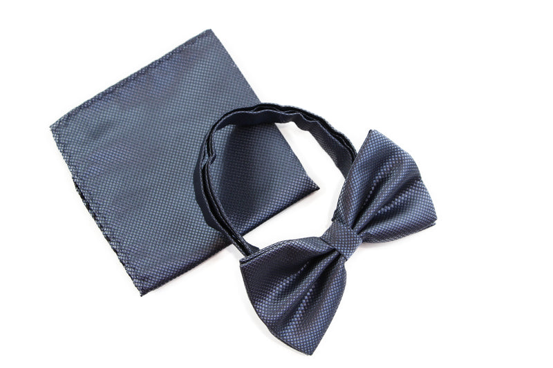 Mens Gunmetal Plain Coloured Checkered Bow Tie & Matching Pocket Square Set