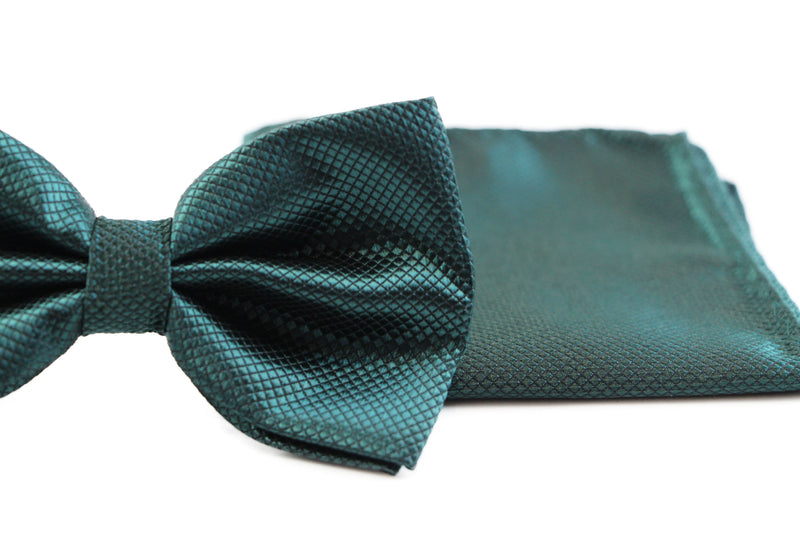 Mens Bottle Green  Plain Coloured Checkered Bow Tie & Matching Pocket Square Set