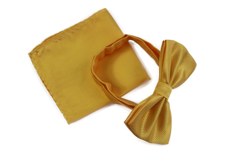 Mens Yellow Plain Coloured Checkered Bow Tie & Matching Pocket Square Set