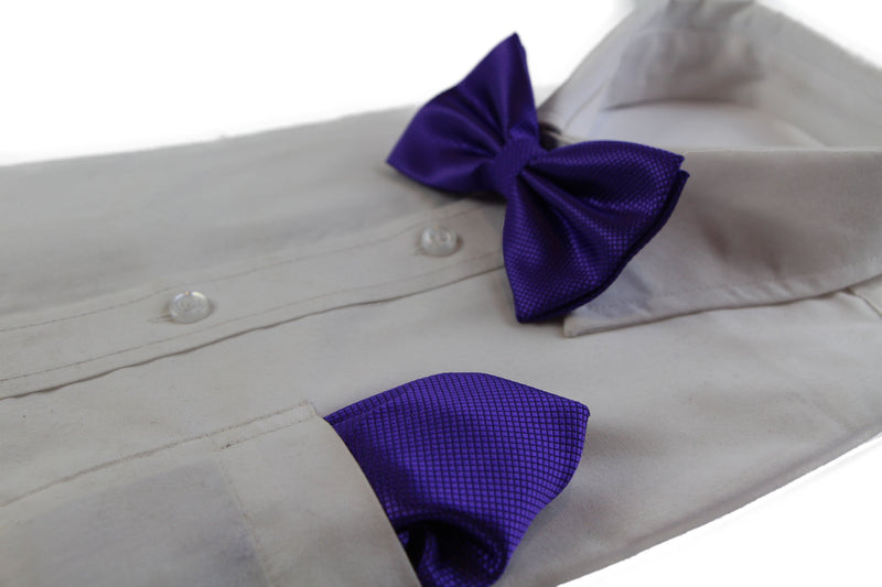 Mens Dark Purple Plain Coloured Checkered Bow Tie & Matching Pocket Square Set