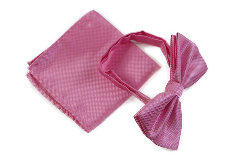 Mens Baby Pink Plain Coloured Checkered Bow Tie & Matching Pocket Square Set