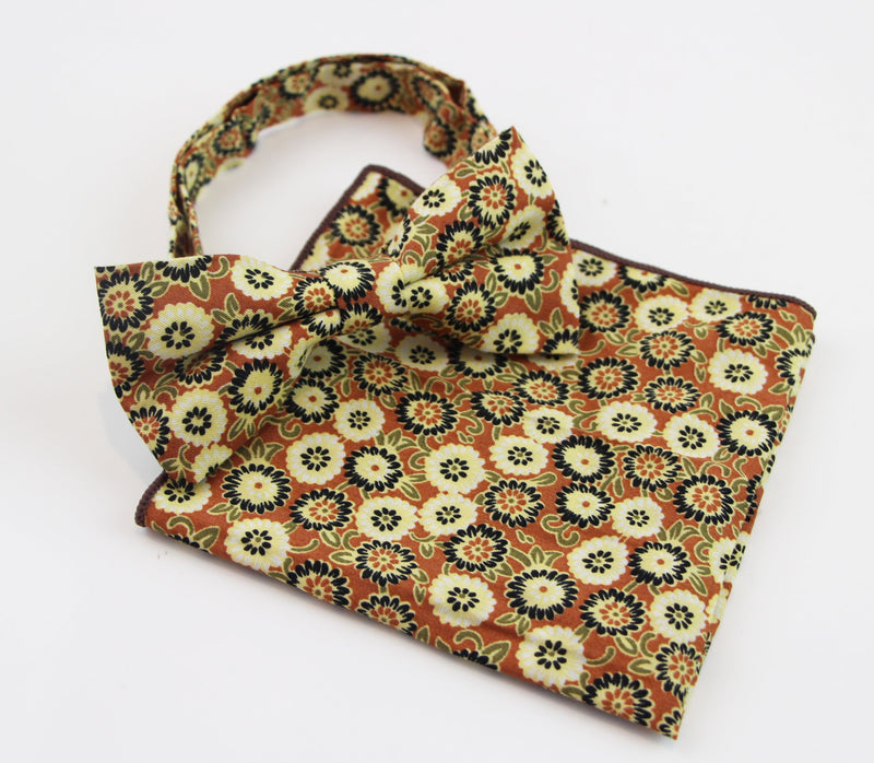 Mens Brown & Orange Floral Pattern Cotton Bow Tie & Pocket Square Set