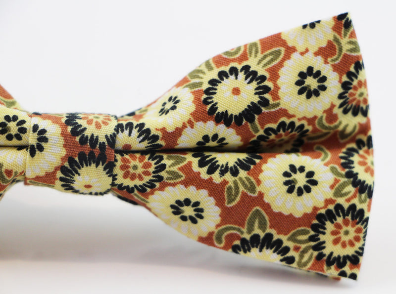 Mens Brown & Orange Floral Pattern Cotton Bow Tie & Pocket Square Set