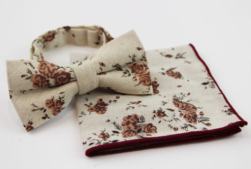 Mens Cream & Brown Roses Cotton Bow Tie & Pocket Sqaure Set